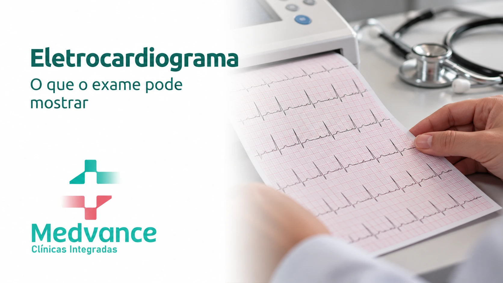 Capa Medvance sobre eletrocardiograma, com aparelho e folha de traçado cardíaco.