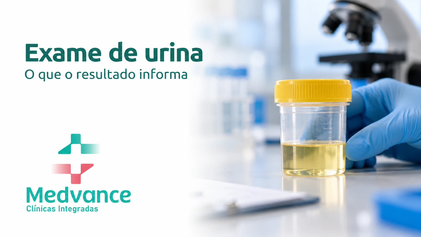 Capa Medvance sobre exame de urina, com recipiente de coleta e microscópio ao fundo.
