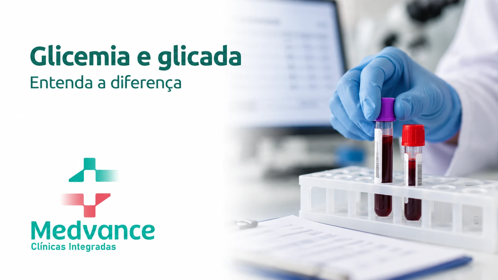 Capa Medvance sobre glicemia e hemoglobina glicada, com tubos de amostras de sangue.