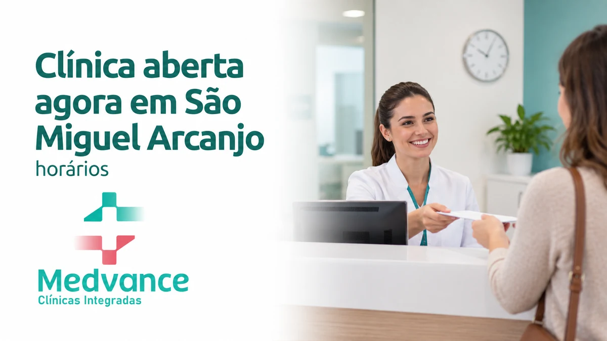 Capa Medvance sobre clínica aberta agora, com recepção ilustrativa de uma clínica.