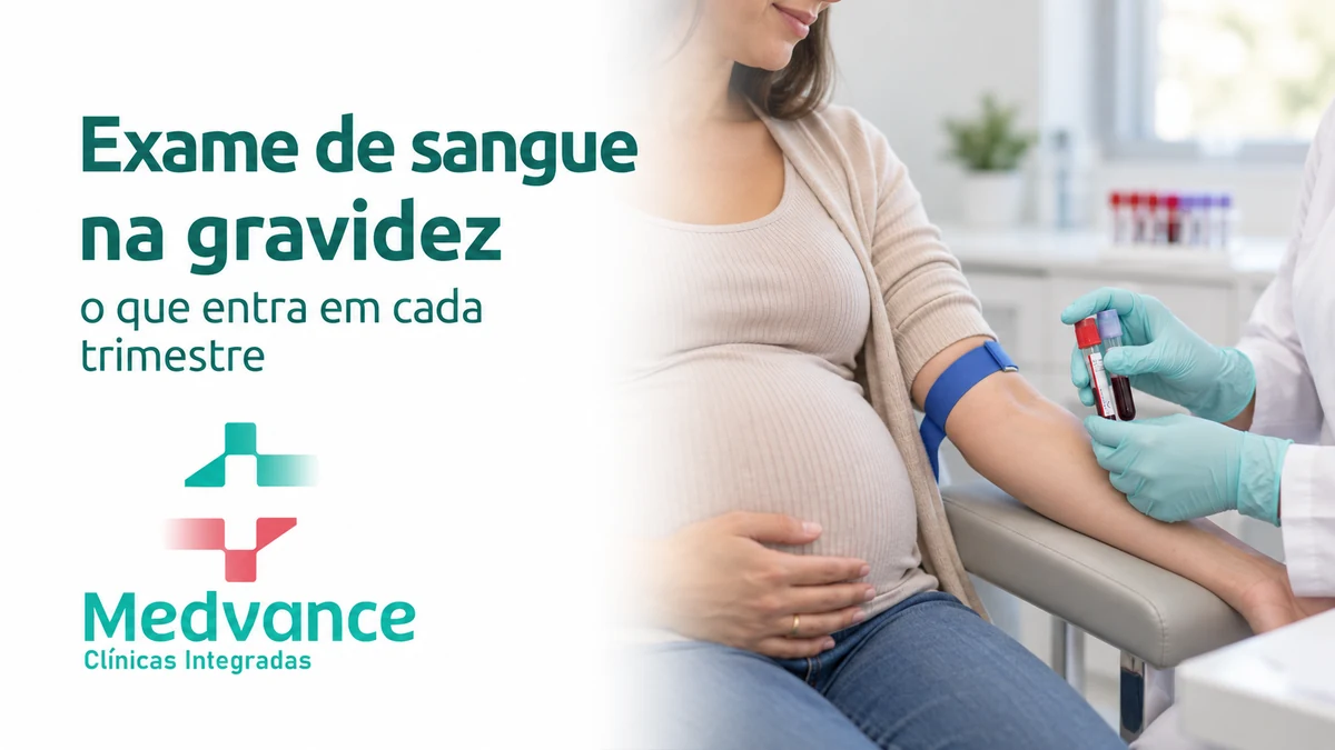 Capa Medvance sobre exame de sangue na gravidez, com gestante com profissional de saúde e tubos de coleta.