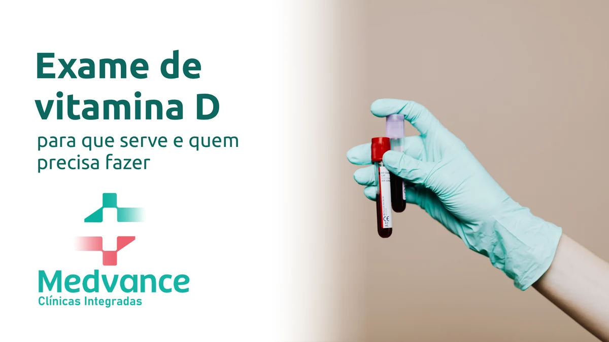 Capa Medvance sobre exame de vitamina D, com mão com luva segurando tubos de sangue.