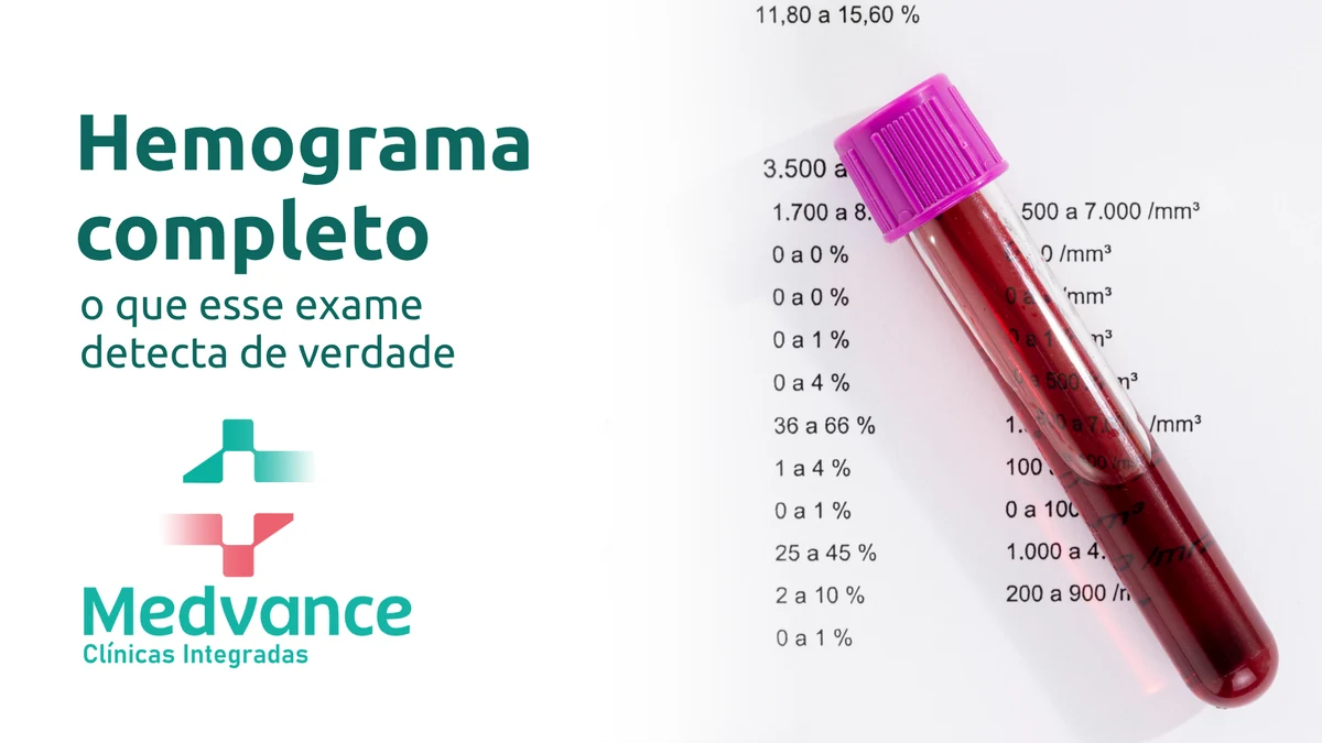 Capa Medvance sobre hemograma completo, com tubo de sangue sobre um resultado de exame.