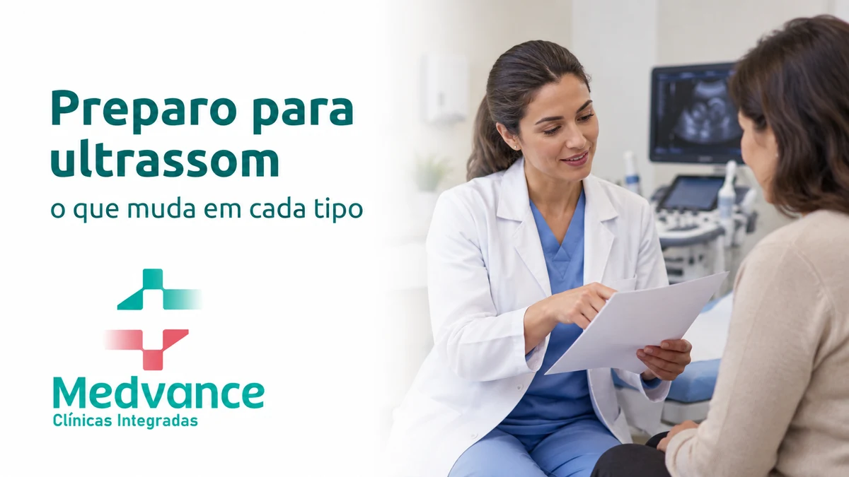 Capa Medvance sobre preparo para ultrassom, com profissional orientando paciente antes de ultrassom.
