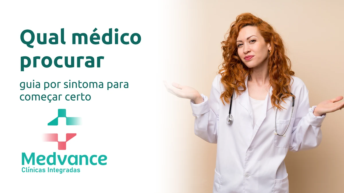Capa Medvance sobre qual médico procurar, com médica com estetoscópio e mãos abertas.