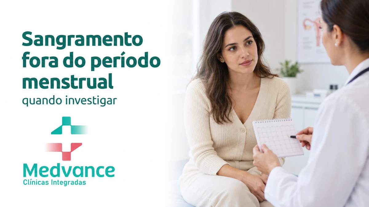 Capa Medvance sobre sangramento fora do período menstrual, com mulher conversando com médica sobre calendário menstrual.