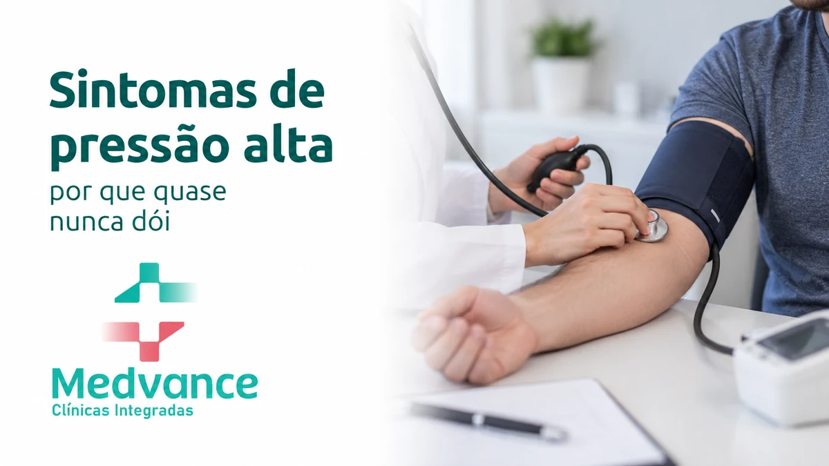 Capa Medvance sobre sintomas de pressão alta, com aferição de pressão arterial no braço de um paciente.
